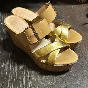 Kate Spade Gold and Tan Wedge Sandals